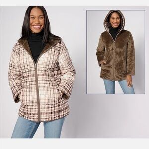 Susan Graver Reversible Woven Plush Fleece Jacket-Taupe/Plaid-Medium-A620230 NEW
